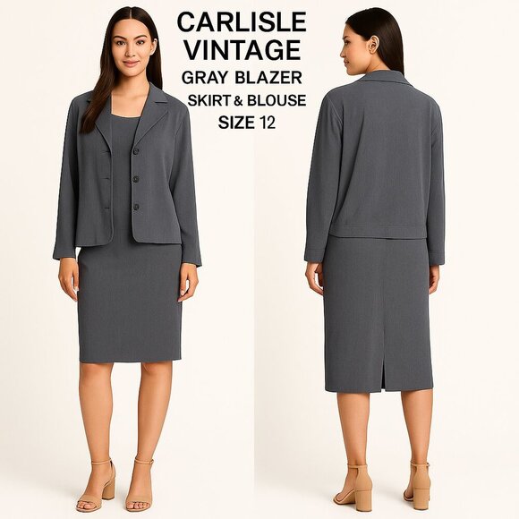 Carlisle Vintage Gray Blazer, Skirt. & Sleeveless Blouse Set in Size 12 - Picture 1 of 10
